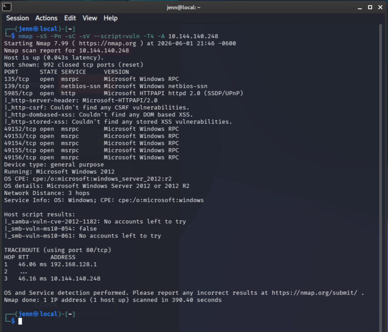 nmap vuln scan results showing open ports on the Windows target